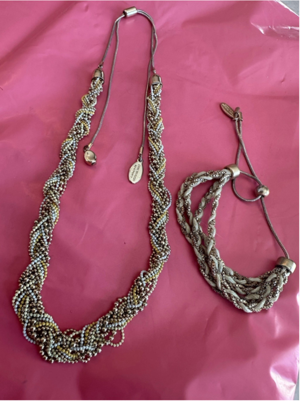 Set Ann Taylor Goldtone Tiny Bead Braided Multi Strand Adjust Necklace+ Bracelet